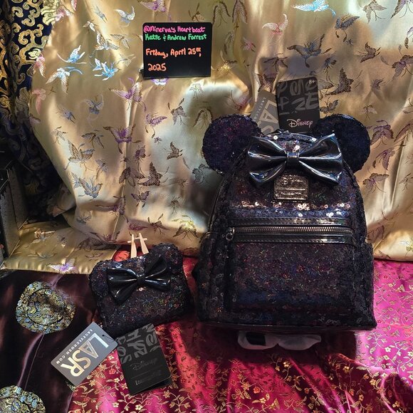Loungefly X LASR Disney Celestial Dreams Black Sequin Minnie Backpack & Wallet